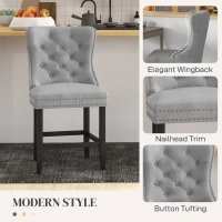 HOMCOM Upholstered Fabric Bar Stool Set of 2, Button Tufted 25.6" Seat Height Counter Chairs with Back & Wood Legs, Grey(m-4)