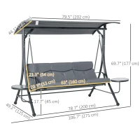 Outsunny 3 Seat Outdoor Swing Chair Steel Swing Bench Porch Swing With Adjustable Canopy, Coffee Tables and Cushion for Patio Garden, Dark Grey(m-3)