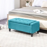 HOMCOM Storage Ottoman Bench, Linen Upholstered Bench with Tufted Design, Green(m-1)