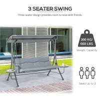 Outsunny 3 Seat Outdoor Swing Chair Steel Swing Bench Porch Swing With Adjustable Canopy, Coffee Tables and Cushion for Patio Garden, Dark Grey(m-7)