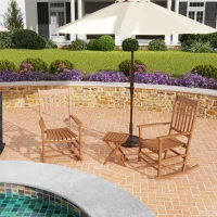 Outsunny Outdoor Rocking Chair Set of 2 with Side Table, Patio Wooden Rocking Chair with Smooth Armrests, High Back for Garden, Balcony, Porch, Supports Up to 352 lbs, Teak(m-9)