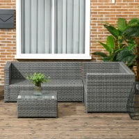 Outsunny 3 Pieces Rattan Wicker Outdoor Conversation Furniture Set w/ Loveseats Coffee Table Cushions for Garden, Patio, Grey(m-7)