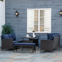 Outsunny 4 Pieces Patio Wicker Dining Sets, Outdoor PE Rattan Sectional Conversation Set with Cushions & Dining Table, Bench for Garden, Backyard, Lawn, Navy Blue(m-11)