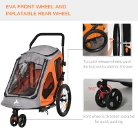 Aosom Dog Bike Trailer 2-In-1 Pet Stroller Cart Bicycle Wagon Cargo Carrier Attachment for Travel with 360 Swivel Wheel Reflectors Parking Brake Straps Cup Holder Orange(m-8)
