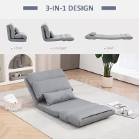 HOMCOM Folding Lazy Sofa Floor Chair, Convertible Couch with 6-Position Adjustable Backrest, Pillow for Reading, Gaming, Gray(m-3)