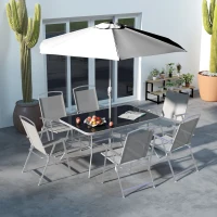 Outsunny 8 Piece Outdoor Dining Set, Patio Furniture Set with Umbrella, 6 Folding Chairs, Rectangle Table and Mesh Seat, Gray(m-2)