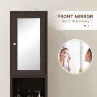 kleankin Tall Bathroom Cabinet w/ Mirror, Narrow Bathroom Storage Cabinet, Slim Linen Tower w/ Doors & Adjustable Shelves, Coffee(m-7)