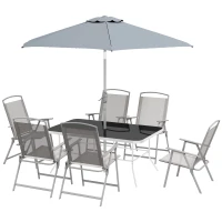 Outsunny 8 Piece Outdoor Dining Set, Patio Furniture Set with Umbrella, 6 Folding Chairs, Rectangle Table and Mesh Seat, Gray(m-1)