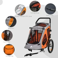 Aosom Dog Bike Trailer 2-In-1 Pet Stroller Cart Bicycle Wagon Cargo Carrier Attachment for Travel with 360 Swivel Wheel Reflectors Parking Brake Straps Cup Holder Orange(m-9)