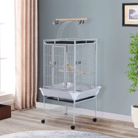 PawHut 63" Large Bird Parrot Cage Stand Finch Feeder Play Top House Perch Bowl Wheels, Silver(m-1)