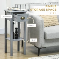 HOMCOM Bedside Table Set of 2, Narrow Side Table with Drawer and Shelf, 2 Tier Tall Nightstand for Bedroom, Grey(m-4)