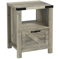HOMCOM Side Table with Storage, Farmhouse End Table with Drawer, Open Shelf and Barn-style Panel, Nightstand for Living Room, Bedroom, Grey(m-2)