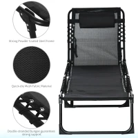 Outsunny Outdoor Folding Lounge Chair, 4-Level Adjustable Chaise Lounge with Headrest, Tanning Chair Beach Bed Reclining Lounger Cot for Camping, Hiking, Backyard, Black(m-5)
