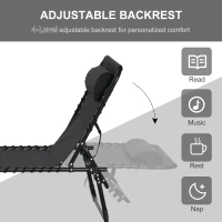 Outsunny Outdoor Folding Lounge Chair, 4-Level Adjustable Chaise Lounge with Headrest, Tanning Chair Beach Bed Reclining Lounger Cot for Camping, Hiking, Backyard, Black(m-4)
