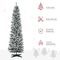 HOMCOM 5' Snow Flocked Artificial Pencil Christmas Tree, Slim Xmas Tree with Realistic Branches and Plastic Base Stand for Indoor Decoration, Green with Snow-flocked(m-4)