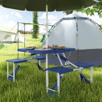 Outsunny Fold Up Picnic Table Portable Camping Table Foldable Travel Patio, Lawn Garden Table, with 4 Seats Chairs, Umbrella Hole, Aluminum Frame, Blue(m-10)