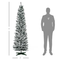 HOMCOM 5' Snow Flocked Artificial Pencil Christmas Tree, Slim Xmas Tree with Realistic Branches and Plastic Base Stand for Indoor Decoration, Green with Snow-flocked(m-3)