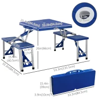 Outsunny Fold Up Picnic Table Portable Camping Table Foldable Travel Patio, Lawn Garden Table, with 4 Seats Chairs, Umbrella Hole, Aluminum Frame, Blue(m-3)