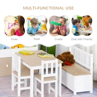 Qaba 4-Piece Set Kids Wood Table Chair Bench with Storage Function Easy to Clean Gift for Girls Boys Toddlers Age 3 Years up Natural and White(m-4)