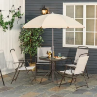 Outsunny 6 Pieces Outdoor Dining Set for 4 with Umbrella Patio Outdoor Furniture Set with Round Table 4 Folding Chairs Cream(m-1)