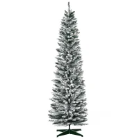 HOMCOM 5' Snow Flocked Artificial Pencil Christmas Tree, Slim Xmas Tree with Realistic Branches and Plastic Base Stand for Indoor Decoration, Green with Snow-flocked(m-1)
