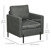 HOMCOM Armchair, Fabric Accent Chair, Modern Living Room Chair with Metal Legs, 2 Side Pockets for Bedroom, Grey(m-3)