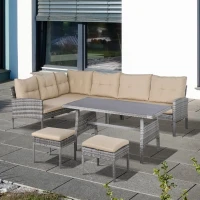 Outsunny 6 PCS Outdoor Patio Dining Table Sets All Weather PE Rattan Sofa Chair Furniture set Indoor Outdoor Backyard Garden with Cushions Khaki(m-8)