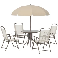 Outsunny 6 Piece Patio Dining Set for 4 with Umbrella, Outdoor Table and Chairs with 4 Folding Dining Chairs & Round Glass Table for Garden, Backyard and Poolside, Beige(m-1)