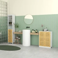 kleankin Tall Bathroom Storage Cabinet, Free Standing Bathroom Cabinet Slim Side Organizer with 3 Shelves and Bamboo Cabinet, White/Natural(m-9)