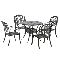 Outsunny 5 Pieces Outdoor Furniture Dining Set for 4, All-Weather Cast Aluminum Stackable Design Chairs and Round Patio Table with Umbrella Hole, for Backyard, Deck, Garden, Bronze(m-1)