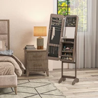HOMCOM Standing Mirror Jewellery Cabinet, Jewellery Storage Cabinet with LED Lights and Angle Adjustable Full Length Mirror, Brown(m-10)