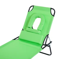 Outsunny Adjustable Outdoor Lounge Chair, Garden Folding Chaise Lounge with Face Hole Reclining Tanning Chair Seat, Folding Camping Beach Lounging Bed w/ Support Pillow, Green(m-10)