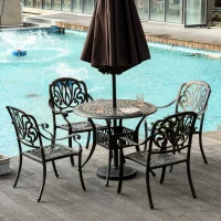 Outsunny 5 Pieces Outdoor Furniture Dining Set for 4, All-Weather Cast Aluminum Stackable Design Chairs and Round Patio Table with Umbrella Hole, for Backyard, Deck, Garden, Bronze(m-2)