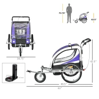 Aosom Foldable Bike Trailer for Kids, Toddler Carrier with 2 Seats, Safety Flag, Light Reflectors, & 5 Point Harness, Purple(m-3)