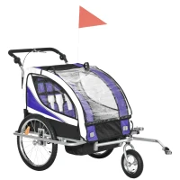 Aosom Foldable Bike Trailer for Kids, Toddler Carrier with 2 Seats, Safety Flag, Light Reflectors, & 5 Point Harness, Purple(m-1)