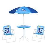 Outsunny Kids Table and Chair Set, Comfortable Little Kids Picnic Table with Umbrella, Adjustable Height, Outdoor Seating for Kids Ages 3-6, Foldable, Sharks(m-1)