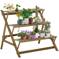 Outsunny 3-tier Ladder Plant Stand Foldable Wood Flower Display Shelf for Indoor Outdoor Home Garden, Brown(m-2)
