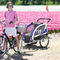 Aosom Foldable Bike Trailer for Kids, Toddler Carrier with 2 Seats, Safety Flag, Light Reflectors, & 5 Point Harness, Purple(m-2)