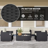 Outsunny 4 Pieces Rattan Sofa Set Wicker Patio Sofa Set with Loveseat Chairs Glass Top Coffee Table for Garden Outdoor Cream(m-4)
