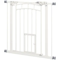 PawHut Auto-Close Pet Gate, Stair Gate with Cat Door, Double Locking for Doorways Hallways Stairs, Fits 29"-31.5" Wide, White(m-2)