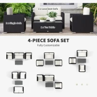Outsunny 4 Pieces Rattan Sofa Set Wicker Patio Sofa Set with Loveseat Chairs Glass Top Coffee Table for Garden Outdoor Cream(m-5)