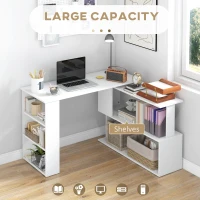 HOMCOM L Shaped Desk, Corner Computer Desk, 360 Degree Rotating Home Office Desk with Storage Shelves, Writing Table Workstation, White(m-4)