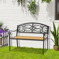 Outsunny Garden Bench for Outdoor, 2-person Patio Bench with Steel and Wood Frame, Floral Rose Accent, Loveseat Furniture for Lawn, Deck, Yard, Porch and Entryway, Natural(m-1)