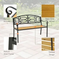 Outsunny Garden Bench for Outdoor, 2-person Patio Bench with Steel and Wood Frame, Floral Rose Accent, Loveseat Furniture for Lawn, Deck, Yard, Porch and Entryway, Natural(m-6)