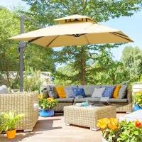 Outsunny 10FT Cantilever Umbrella with Solar LED, Power Bank, 360° Rotation, Tilt, Khaki(m-1)