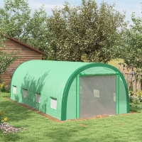 Outsunny 19.5' x 10' x 6.5' Upgraded Tunnel Greenhouse Green House with Mesh Door and Windows, 15 Plant Labels and Gloves, Green