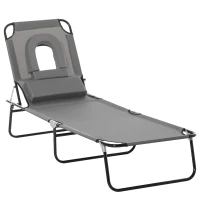 Outsunny Adjustable Outdoor Lounge Chair, Garden Folding Chaise Lounge with Face Hole Reclining Tanning Chair Seat, Folding Camping Beach Lounging Bed w/ Support Pillow, Grey(m-2)