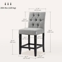 HOMCOM Fabric Bar Stool Set of 2, Tall 25.6" Seat Height Bar Chairs with Tufted Back & Wood Legs, Light Grey(m-3)