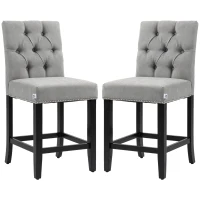 HOMCOM Fabric Bar Stool Set of 2, Tall 25.6" Seat Height Bar Chairs with Tufted Back & Wood Legs, Light Grey(m-2)