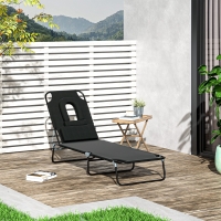 Outsunny Adjustable Outdoor Lounge Chair, Garden Folding Chaise Lounge with Face Hole Reclining Tanning Chair Seat, Folding Camping Beach Lounging Bed w/ Support Pillow, Black
